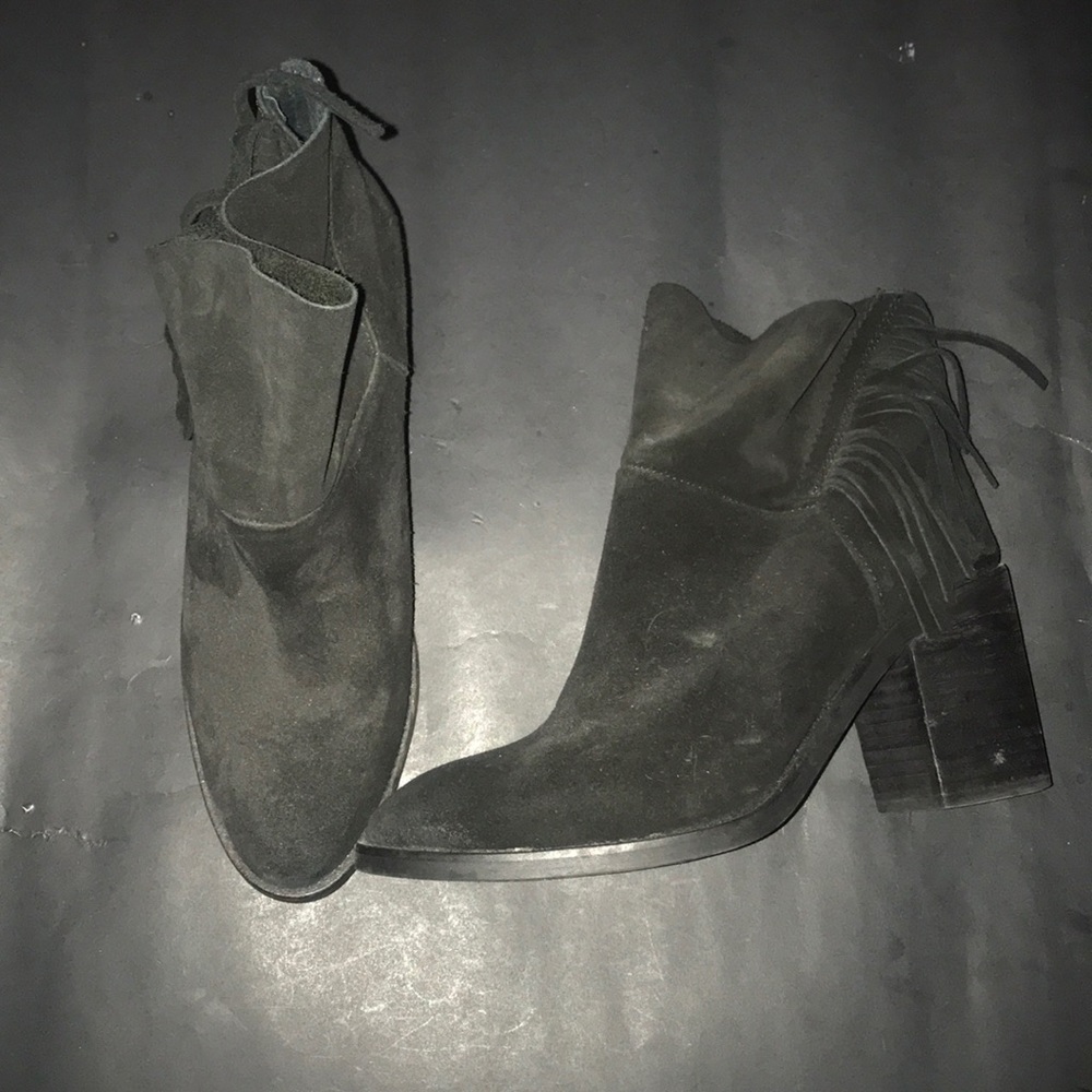 Black suede fringe bootie.